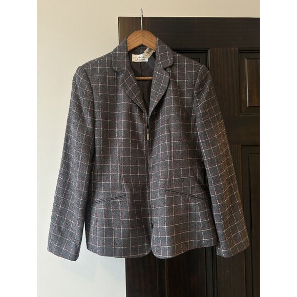 Women's Gray Zip Up Blazer With Red and White Windowpane Detail - Picture 2 of 8